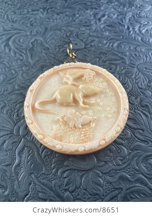 Carved Mouse or Rat and Grapes Jasper Stone Pendant Jewelry Ornament Mini Art - #8WG1JQe6tHc-4
