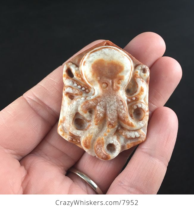 Carved Octopus in Orange Red Jasper Stone Pendant Jewelry - #STCXmIPv5Ww-1