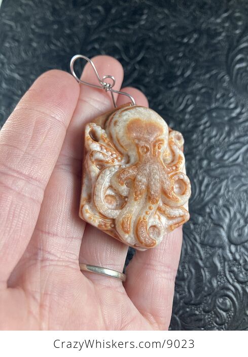 Carved Octopus in Orange Red Malachite Stone Pendant Jewelry - #YJ5DBlh3ca0-5