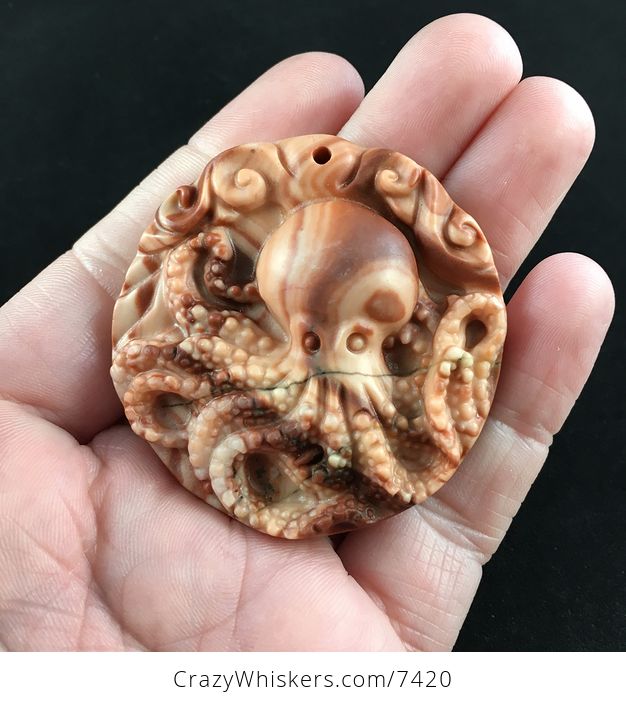 Carved Octopus Red Jasper Stone Pendant Jewelry - #Hdn6SOTYR8s-1