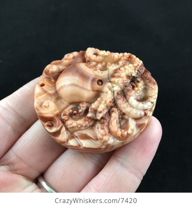 Carved Octopus Red Jasper Stone Pendant Jewelry - #Hdn6SOTYR8s-4