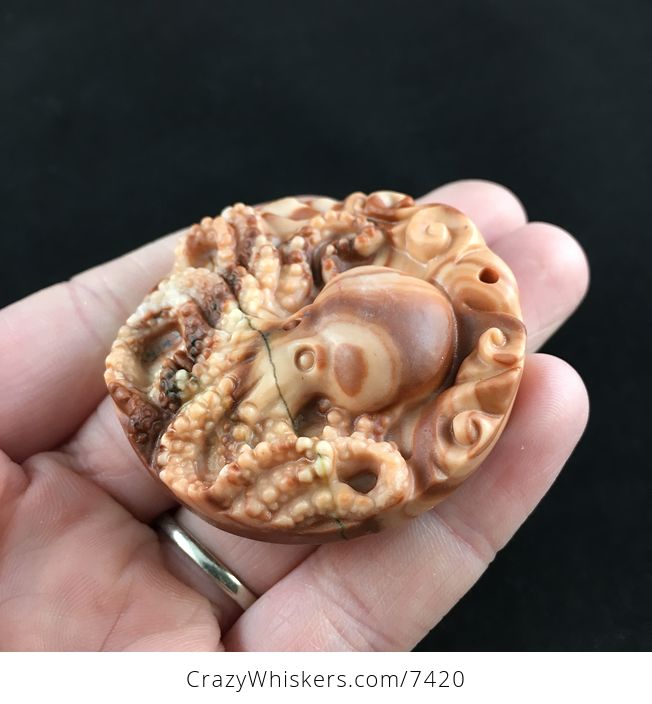 Carved Octopus Red Jasper Stone Pendant Jewelry - #Hdn6SOTYR8s-3