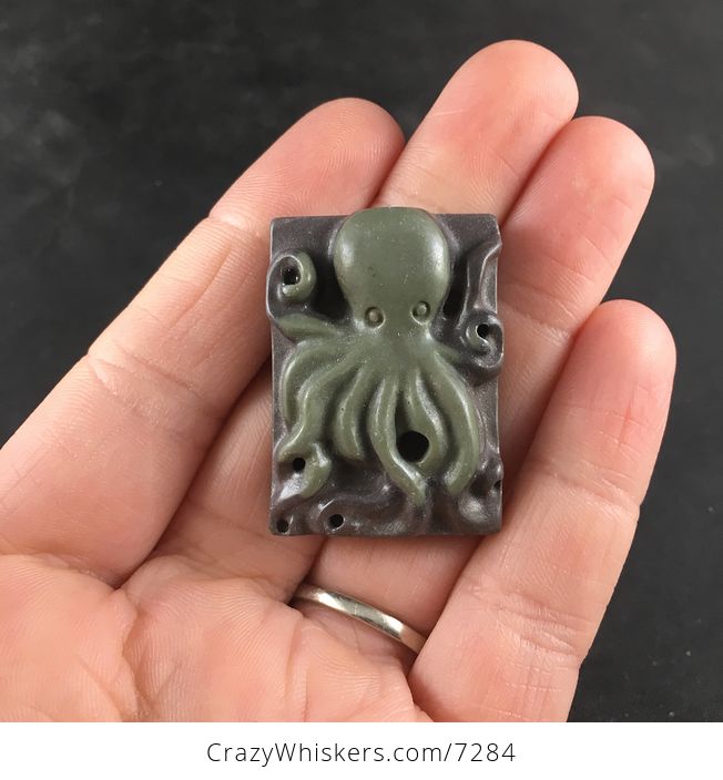 Carved Octopus Ribbon Jasper Stone Pendant Jewelry - #fIY48HmBujI-1