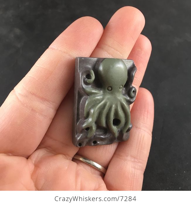Carved Octopus Ribbon Jasper Stone Pendant Necklace Jewelry - #fIY48HmBujI-2