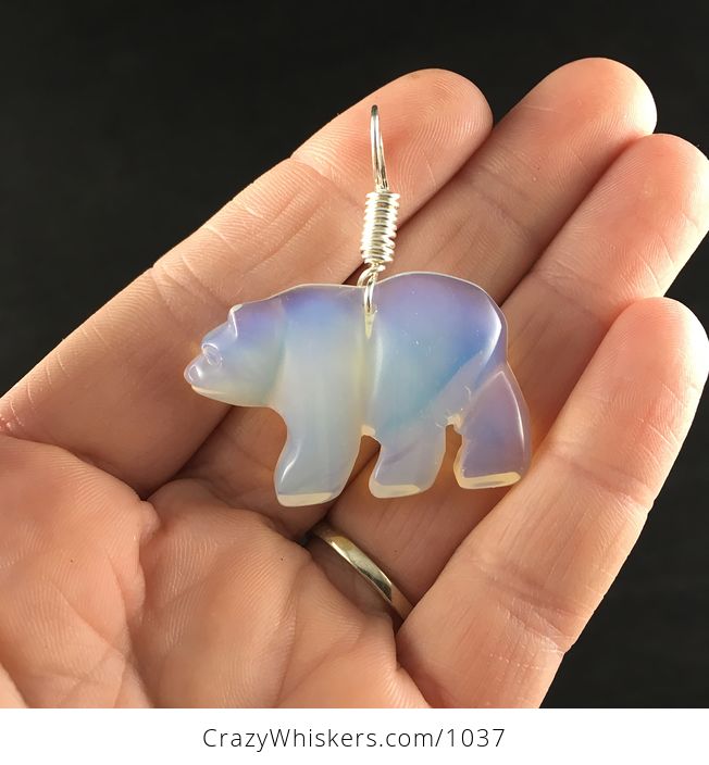 Carved Opalite Stone Walking Polar Bear Pendant Necklace with Silver Plated Wire Wrap Bail - #pEU6HWoFNkk-1