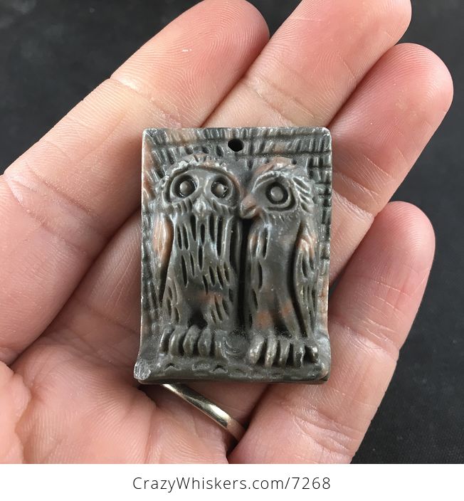 Carved Owl Pair Ribbon Jasper Stone Pendant Jewelry - #jMumBMicTCE-1