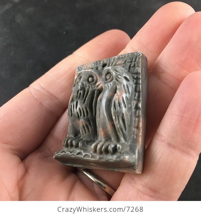Carved Owl Pair Ribbon Jasper Stone Pendant Necklace Jewelry - #jMumBMicTCE-2
