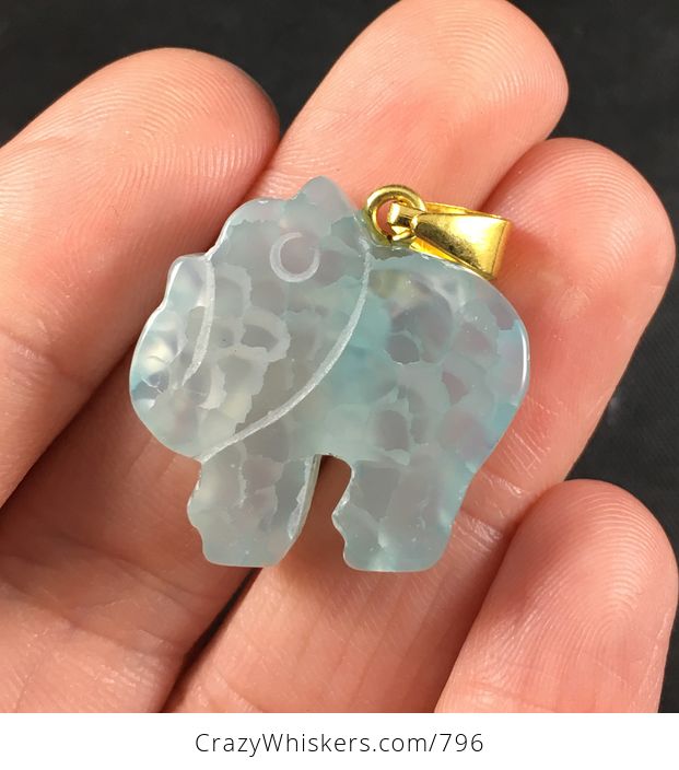Carved Pastel Blue Elephant Shaped Druzy Agate Stone Pendant - #wQ7Wjm0UVVY-1
