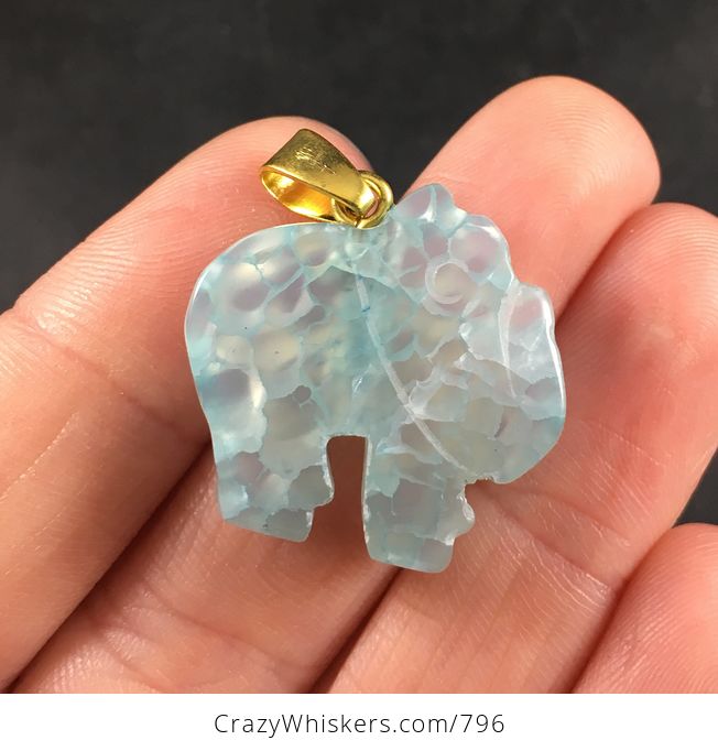 Carved Pastel Blue Elephant Shaped Druzy Agate Stone Pendant Necklace - #wQ7Wjm0UVVY-2