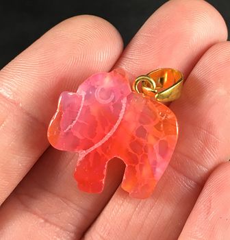 Carved Pink and Orange Elephant Shaped Druzy Agate Stone Pendant #quJPSBuafMQ
