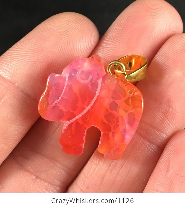 Carved Pink and Orange Elephant Shaped Druzy Agate Stone Pendant - #quJPSBuafMQ-1