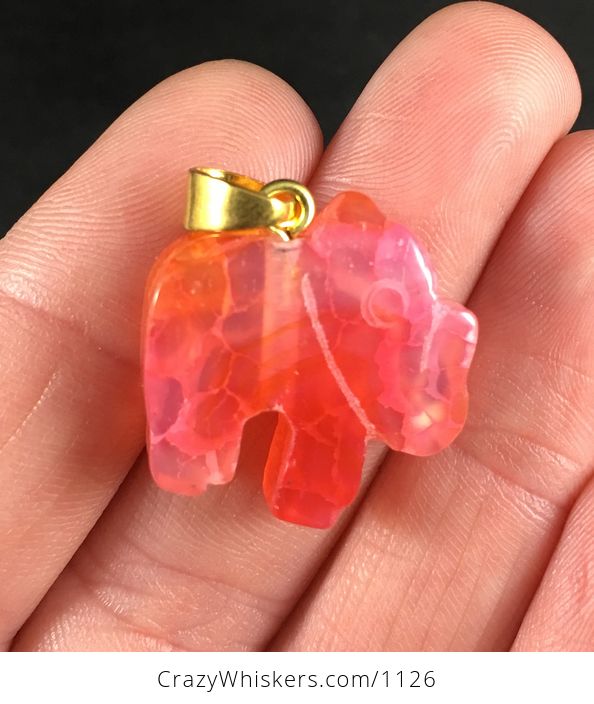 Carved Pink and Orange Elephant Shaped Druzy Agate Stone Pendant Necklace - #quJPSBuafMQ-2