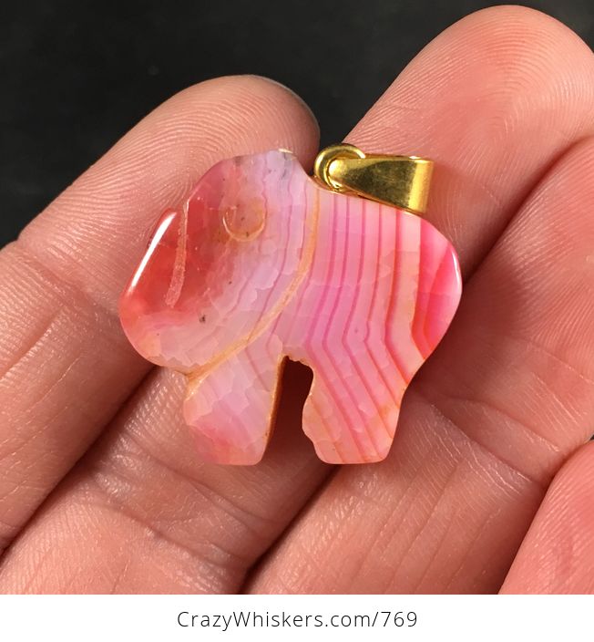 Carved Pink Striped Elephant Shaped Druzy Agate Stone Pendant - #gemaTVlgIJI-1