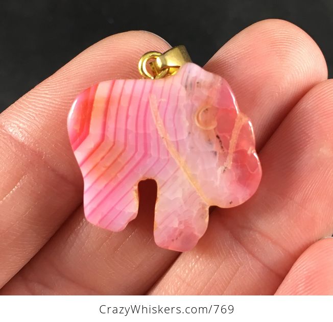 Carved Pink Striped Elephant Shaped Druzy Agate Stone Pendant Necklace - #gemaTVlgIJI-2