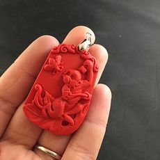 Carved Red Cinnabar Red Colored Monkey and Butterfly Pendant #m6aLd0x3eAY
