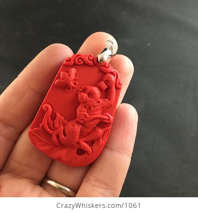 Carved Red Cinnabar Red Colored Monkey and Butterfly Pendant - #m6aLd0x3eAY-1