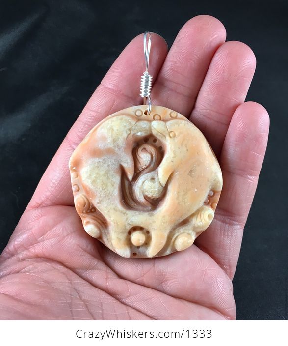 Carved Red Jasper Jumping and Kissing Dolphin Pair Pendant - #3xU3HLgAe0k-1