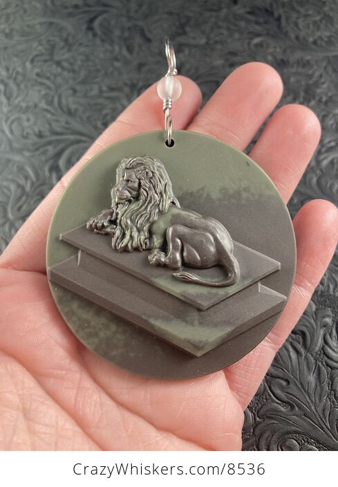 Carved Resting Male Lion Big Cat Jasper Stone Pendant Jewelry - #aEgF3yqSsTA-1