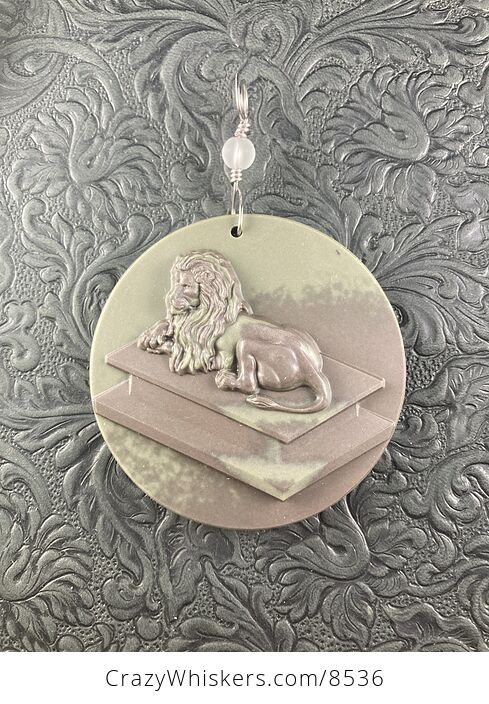 Carved Resting Male Lion Big Cat Jasper Stone Pendant Jewelry - #aEgF3yqSsTA-2