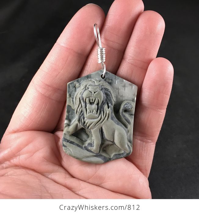 Carved Ribbon Jasper Angry Roaring Male Lion Pendant - #bwcpDBmg0wI-1