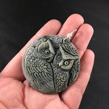 Carved Ribbon Jasper Owl Pair Pendant #Jh5HZq3RZtI