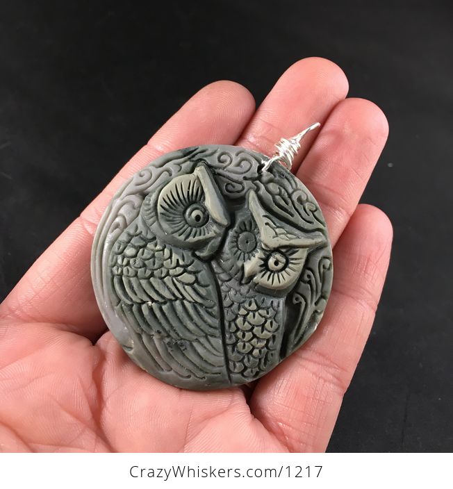 Carved Ribbon Jasper Owl Pair Pendant - #Jh5HZq3RZtI-1