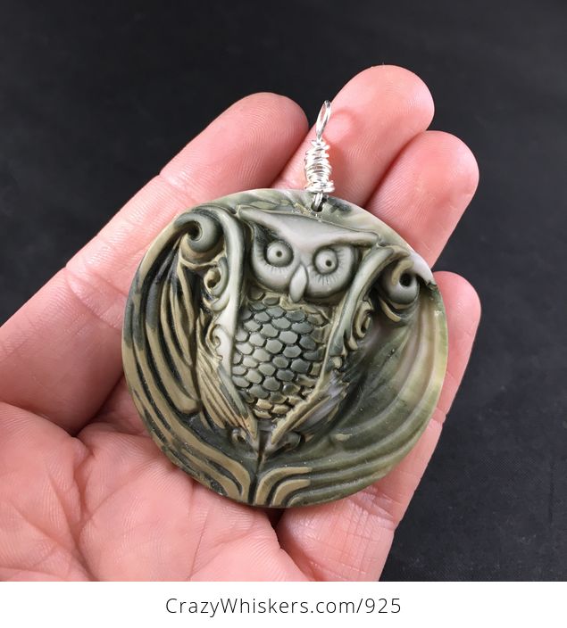 Carved Ribbon Jasper Owl Pendant - #gLOnplkboG4-1