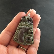 Carved Ribbon Jasper Pendant of a Leaping Marlin Fish Under a Crescent Moon #8kPcWi5Spe0