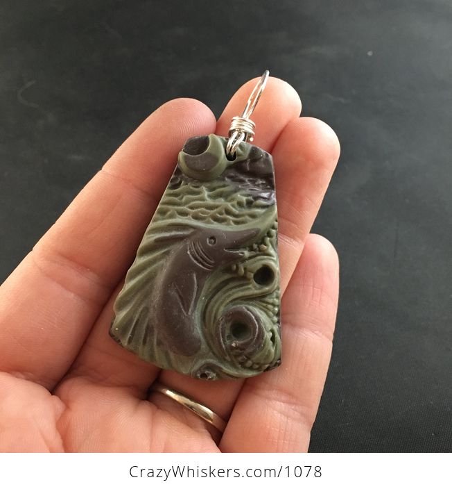 Carved Ribbon Jasper Pendant of a Leaping Marlin Fish Under a Crescent Moon - #8kPcWi5Spe0-1