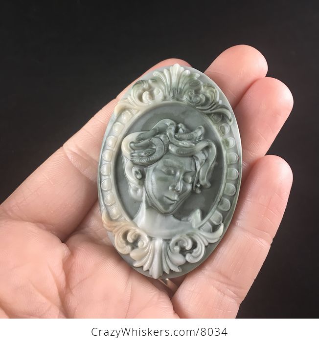 Carved Round Medusa Gorgon Ribbon Jasper Stone Jewelry Pendant Greek Mythology - #yA0uFwkkfUk-1