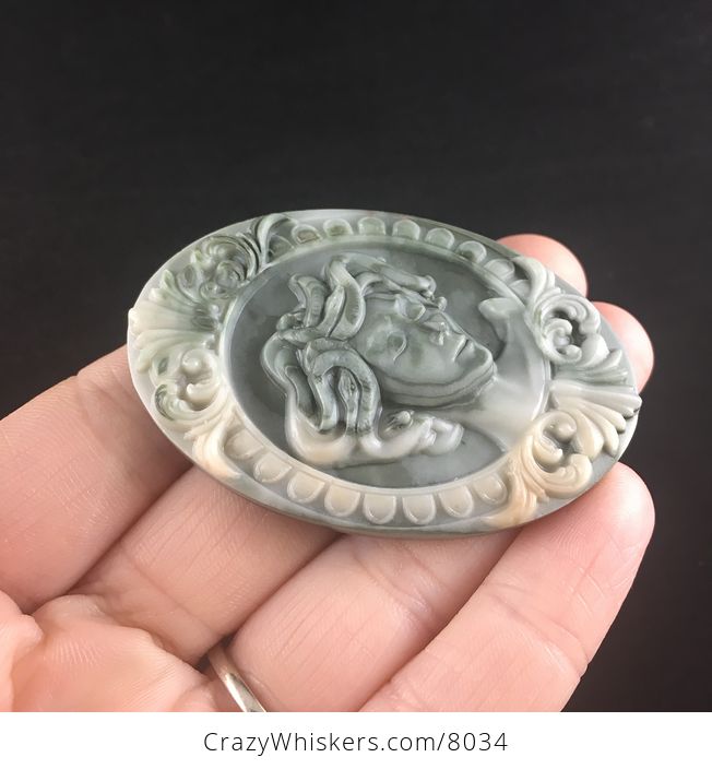 Carved Round Medusa Gorgon Ribbon Jasper Stone Jewelry Pendant Greek Mythology - #yA0uFwkkfUk-4