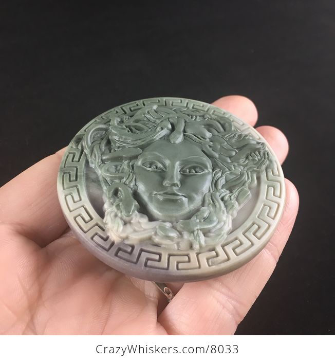 Carved Round Medusa Greek Mythology Gorgon Ribbon Jasper Stone Jewelry Pendant - #LK7HjWWTZy4-2