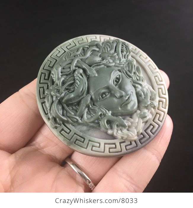 Carved Round Medusa Greek Mythology Gorgon Ribbon Jasper Stone Jewelry Pendant - #LK7HjWWTZy4-4
