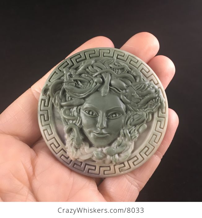 Carved Round Medusa Greek Mythology Gorgon Ribbon Jasper Stone Jewelry Pendant - #LK7HjWWTZy4-1