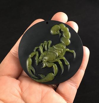 Carved Scorpion in Lemon Jade on Black Jasper Stone Jewelry Pendant #FwU8RNHSPFc