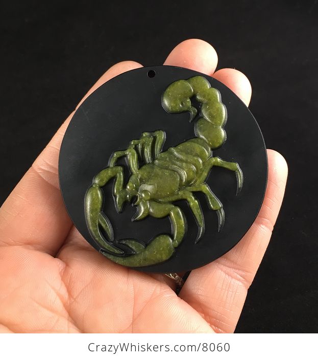 Carved Scorpion in Lemon Jade on Black Jasper Stone Jewelry Pendant - #FwU8RNHSPFc-1
