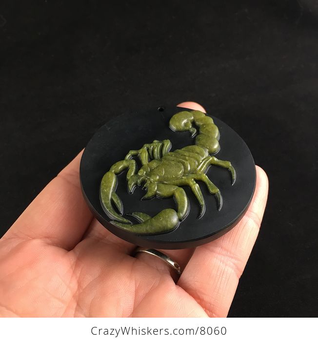 Carved Scorpion in Lemon Jade on Black Jasper Stone Jewelry Pendant - #FwU8RNHSPFc-2