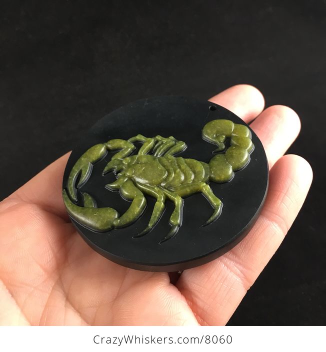 Carved Scorpion in Lemon Jade on Black Jasper Stone Jewelry Pendant - #FwU8RNHSPFc-3