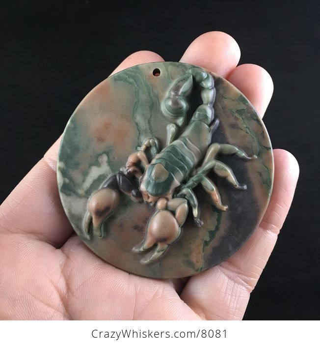Carved Scorpion in Ribbon Jasper Stone Jewelry Pendant - #GfiksnW3VAQ-1