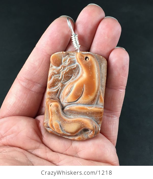 Carved Seals and Moon Red Jasper Stone Pendant with Wire Bail - #sgCgbRINvFQ-1