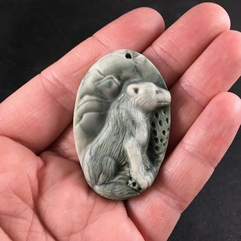 Carved Sitting Coyote or Wolf Ribbon Jasper Stone Pendant with Wire Bail #xUDqNQB877k