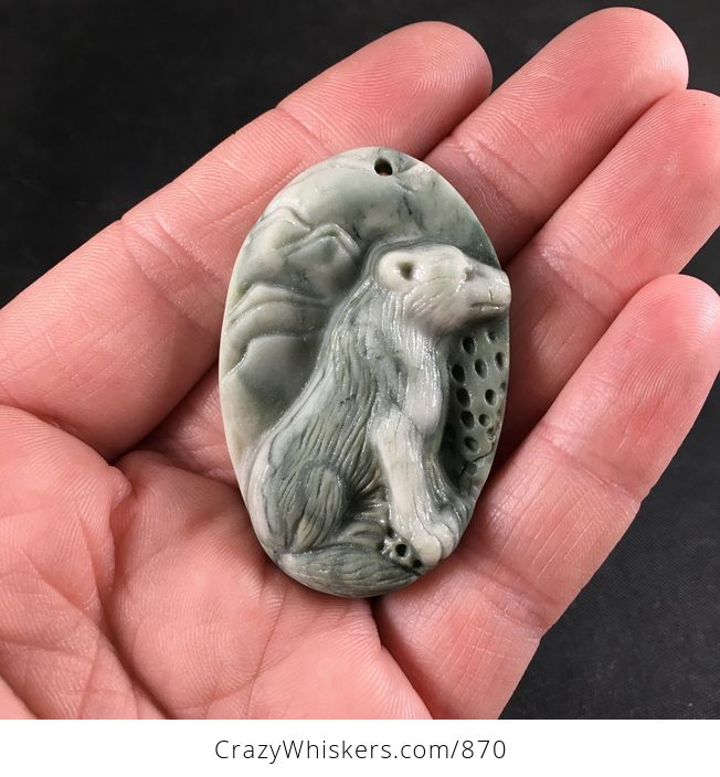 Carved Sitting Coyote or Wolf Ribbon Jasper Stone Pendant with Wire Bail - #xUDqNQB877k-1