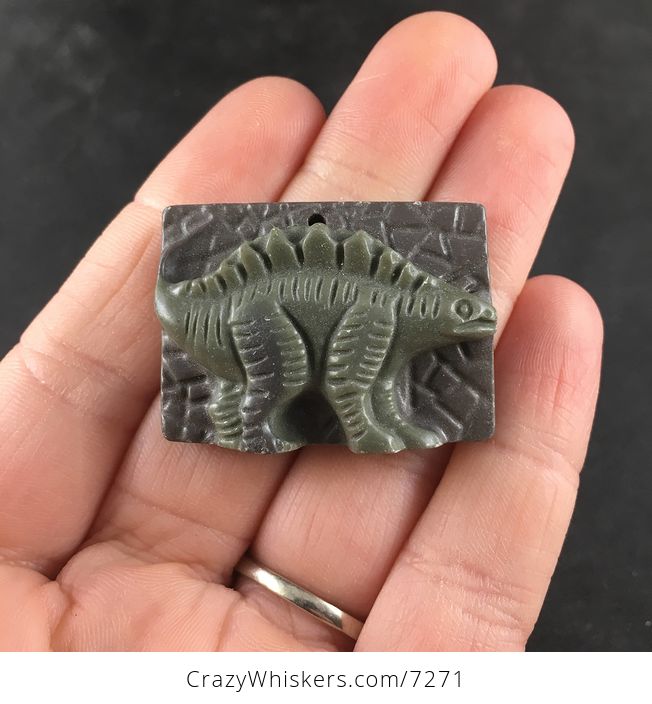 Carved Stegosaurus Dino Ribbon Jasper Stone Pendant Jewelry - #V2MRvtAzmDc-1