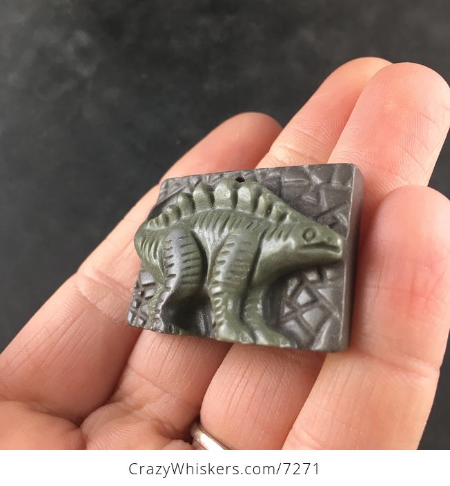 Carved Stegosaurus Dino Ribbon Jasper Stone Pendant Necklace Jewelry - #V2MRvtAzmDc-3
