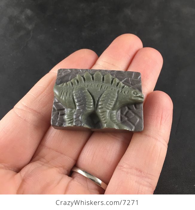 Carved Stegosaurus Dino Ribbon Jasper Stone Pendant Necklace Jewelry - #V2MRvtAzmDc-2