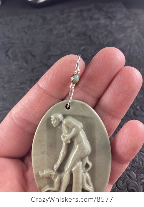 Carved Succor Creek Jasper Man and Dog Stone Jewelry Pendant Mini Art Ornament - #rOoMtRl1Z0c-2