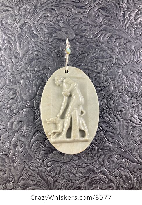 Carved Succor Creek Jasper Man and Dog Stone Jewelry Pendant Mini Art Ornament - #rOoMtRl1Z0c-3
