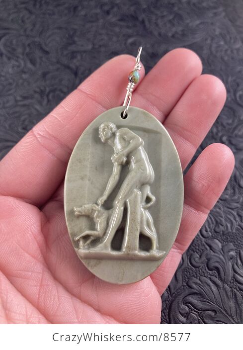 Carved Succor Creek Jasper Man and Dog Stone Jewelry Pendant Mini Art Ornament - #rOoMtRl1Z0c-1