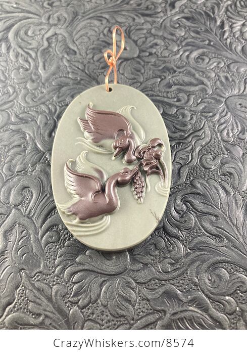 Carved Swan Pair Jasper Stone Pendant Jewelry Ornament Mini Art - #p6msyDGHp9o-3
