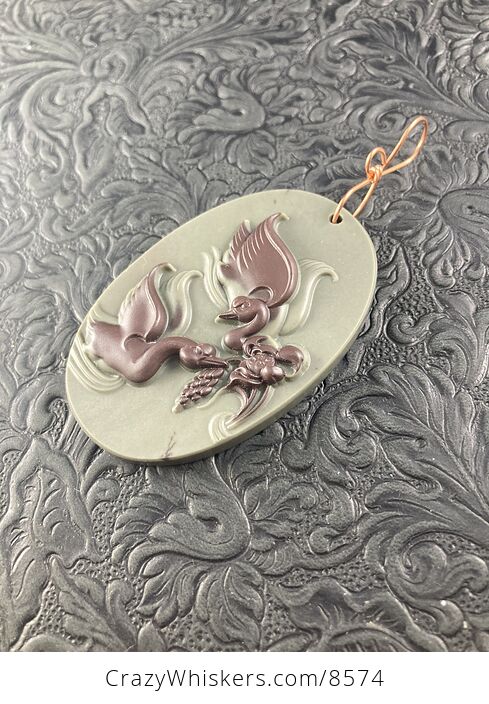 Carved Swan Pair Jasper Stone Pendant Jewelry Ornament Mini Art - #p6msyDGHp9o-4